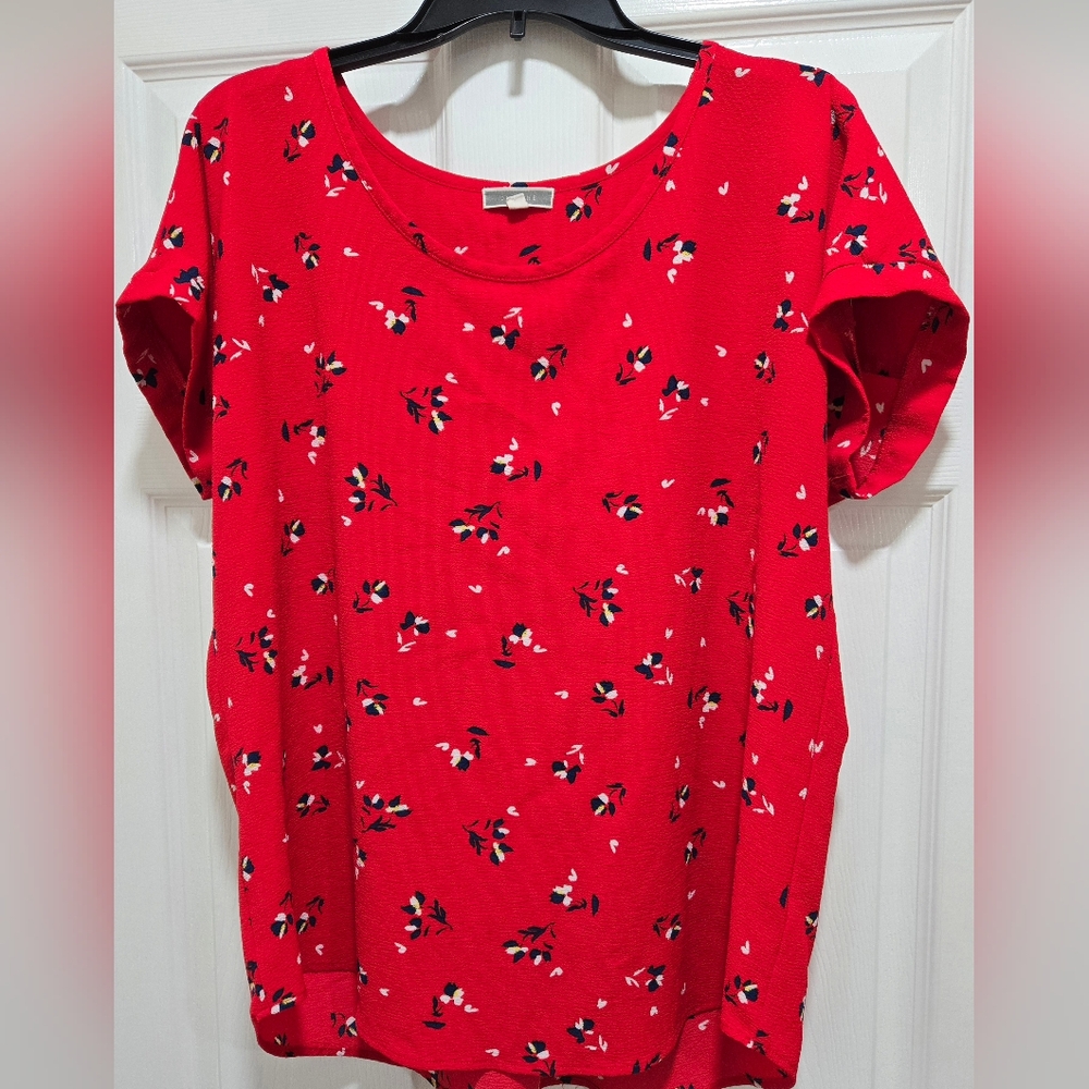 Clothes~ Pleione Red Floral Short Sleeve Top Blouse~ Women’s Size XL. X-Large